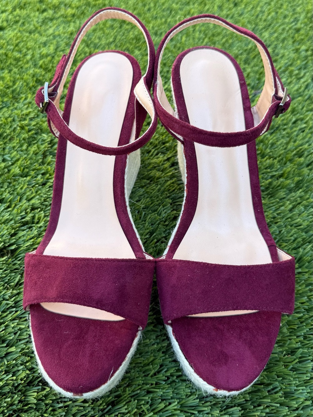 Burgundy Faux Suede Espadrille Wedge Sandals Size 8.5